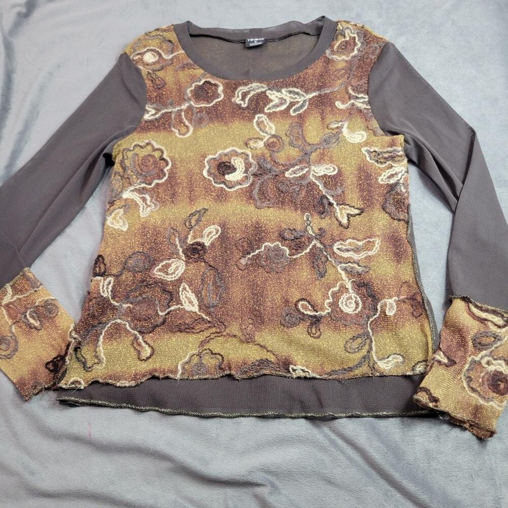 Tribal Shirt‎ Womens Size Large Brown Comfort Stretch Long Sleeve Sheer Blouse